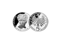 5 DM Münze: "100. Geburtstag von Albert Schweitzer", 1975 (Stempelglanz)