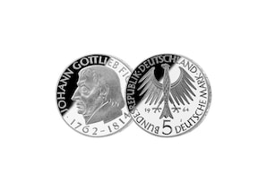 5 DM Mnze: "150. Todestag Johann Gottlieb Fichte", 1964 (Spiegelglanz)