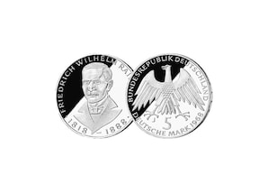 5 DM Mnze: "150. Geburtstag F. W. Raiffeisen", 1968 (Spiegelglanz)